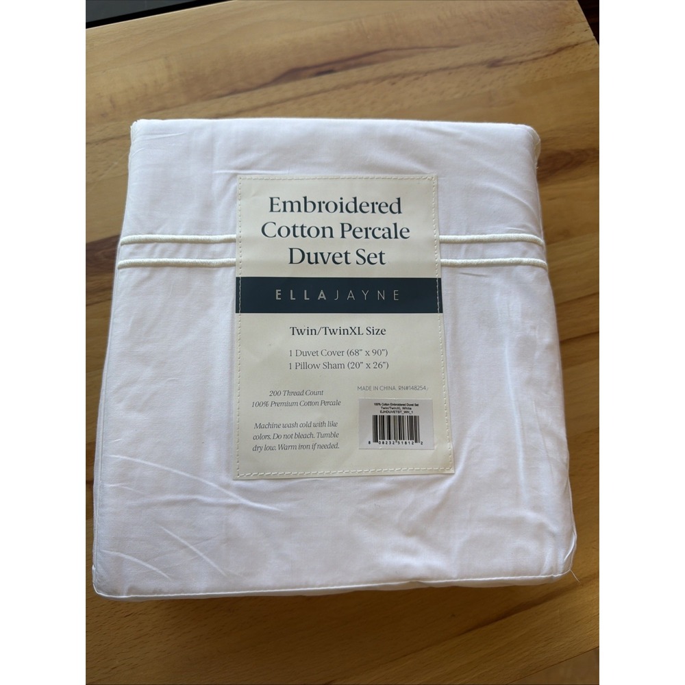 ELLA JAYNE Embroidered Cotton Percale Duvet Set Twin/TwinXL White 200TC